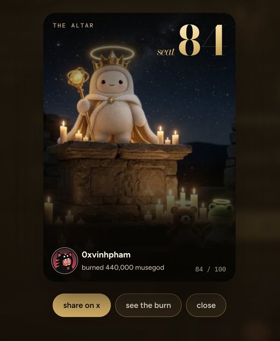 A digital graphic featuring a cute character wearing a crown and cape on an altar surrounded by candles, labeled 'THE ALTAR' and 'seat 84', with a profile named 'Oxvinhpham' that 'burned 440,000 musegod'.