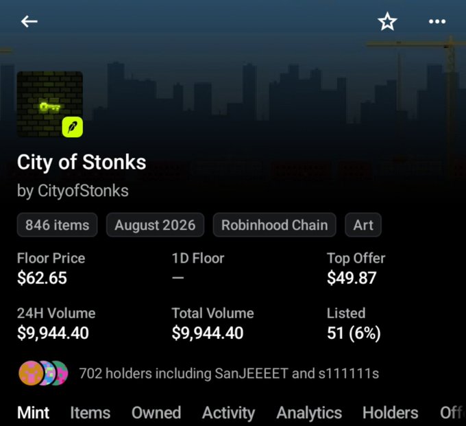 An NFT collection page for 'City of Stonks' by CityofStonks on Robinhood Chain, showing 846 items with a floor price of $62.65 and 702 holders.