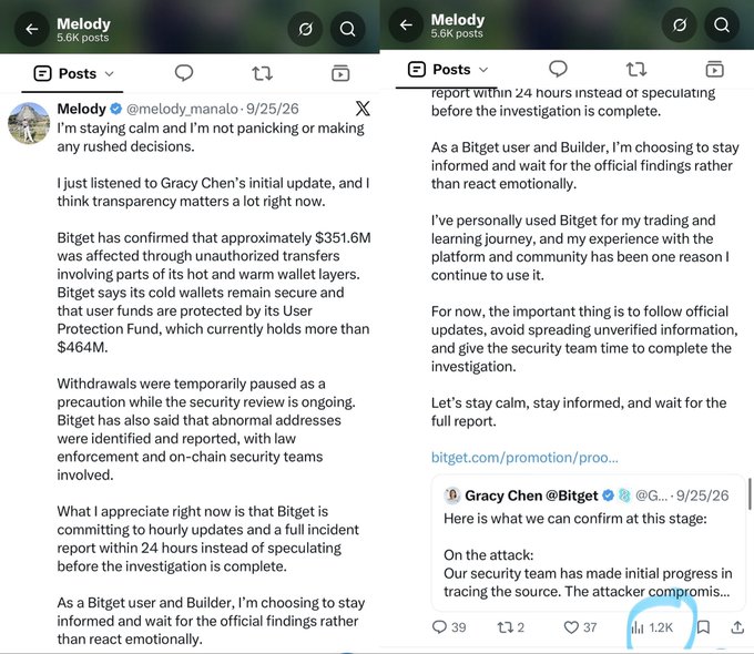 Two screenshots of a Twitter/X post by Melody (@melody_manalo) dated 9/25/26, discussing Bitget's confirmed security breach affecting approximately $351.6M through unauthorized hot wallet transfers, mentioning a User Protection Fund holding over $464M, and quoting Gracy Chen @Bitget about the attack.