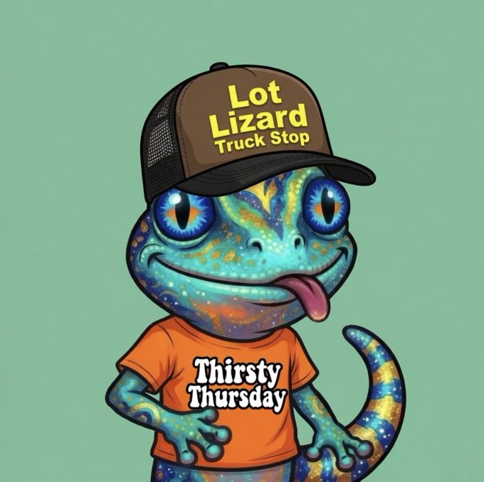 An illustration of a cartoon gecko/gecko-lizard character wearing a brown 'Lot Lizard Truck Stop' cap and an orange 'Thirsty Thursday' t-shirt against a green background.