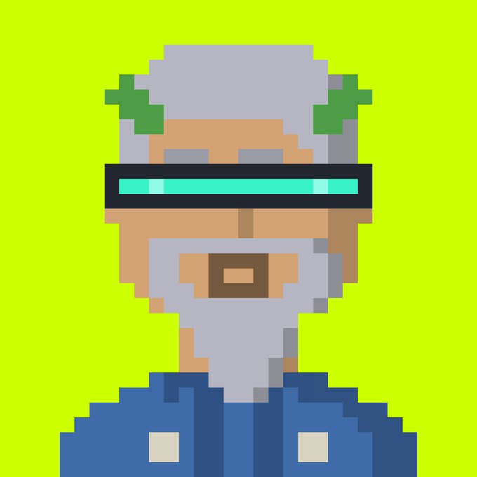 A pixel art illustration of an elderly man with a white beard, wearing futuristic green visor glasses and a blue collared shirt against a bright lime-green background.