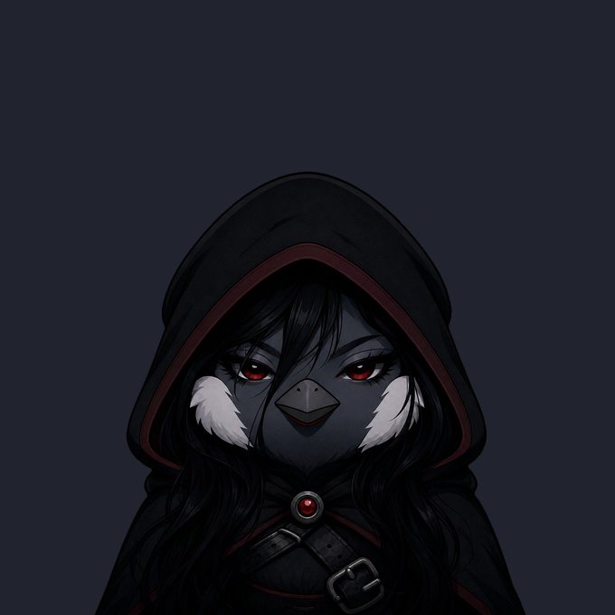 A digital illustration of a dark, bird-like character with a black hood, red eyes, and white feathers on its cheeks, wearing a cloak with a red gem clasp.