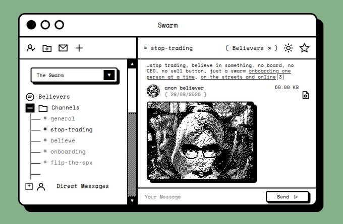 A pixel-art style mockup of a messaging app called 'Swarm', showing a #stop-trading channel with the message 'stop trading. believe in something. no board. no CEO.' from user anon believer.