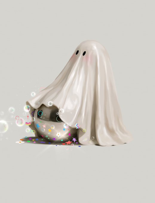 A cute 3D-rendered ghost figurine with blushing cheeks covering a small bucket filled with colorful stars and sparkles emerging from beneath it.