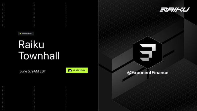 The image features a poster for an event related to cryptocurrency called "Raku Townhall" with a black background, white text, and a logo of a hexagon with a number 3 inside. The poster also includes information about the event, such as the date (June 6th) and time (6:am EST). The post mentions that Exponential Finance will be joining them for a chat on rkuSOL and their newly launched V2 markets.