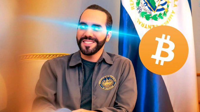 A man in a jacket with a Bitcoin logo stands in front of a flag, with his eyes glowing blue and a Bitcoin symbol overlay, visually representing Nayib Bukele's quote about El Salvador's daily Bitcoin purchases.