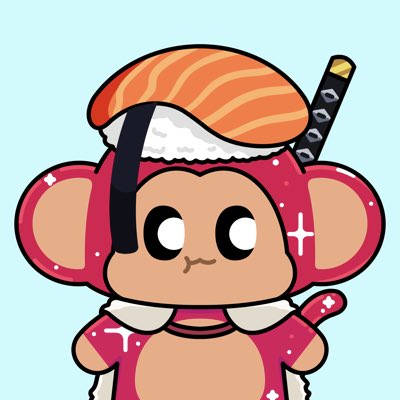 A cute cartoon illustration shows a monkey character dressed as a piece of sushi (salmon nigiri), wearing a pink outfit and carrying a katana sword on its back against a light blue background.