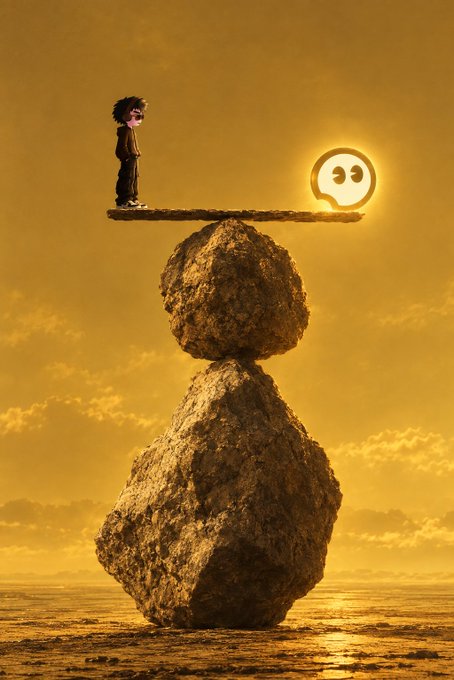 A boy balances on a precarious plank atop stacked boulders in the sea, facing a glowing smiley sun at sunset—a visual metaphor for the post's message about "locking in" and pushing harder despite balance and challenges ahead.

The caption connects to the post's theme of determination and grinding through the new week, with the boy's steady stance on the tipping plank symbolizing the discipline needed to "wagmi."