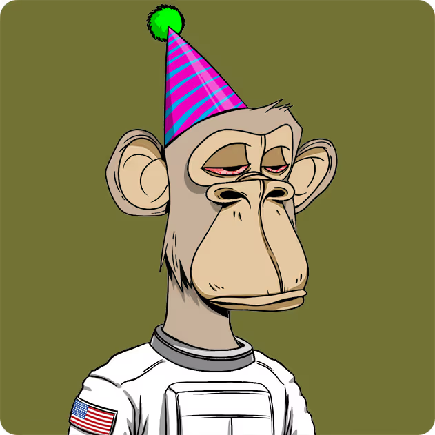 A weary-looking cartoon monkey wearing a pink and blue striped party hat and a white astronaut-style shirt with an American flag patch, appearing unimpressed or bored despite the festive accessory. The image complements the post about the two categories of Bored Ape purchases—representing the disillusionment or casual attitude that comes with simply collecting apes as investments rather than choosing one as a personal avatar.