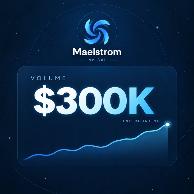 A milestone graphic celebrating Maelstrom on Sui reaching $300K in trading volume, featuring the platform's swirling blue logo above a glowing line chart with an upward trajectory. The design reinforces the post's message of growing momentum, with "VOLUME $300K AND COUNTING" prominently displayed against a cosmic dark blue backdrop.