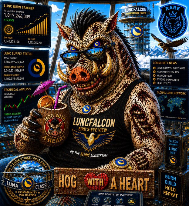 The image features an illustration of a pig wearing sunglasses, holding a drink, and standing next to a city skyline with buildings. The background includes various elements such as a bird flying by, a cup, and a banner that reads "HOG WITH A HEART". The text in the image is related to the post on social media, which encourages people to follow the pig and share his content.