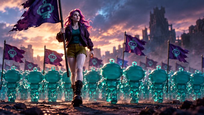 Digital fantasy art showing a young woman with pink hair holding a flag with a robot logo, standing in front of an army of small, teal robots in a ruined landscape.