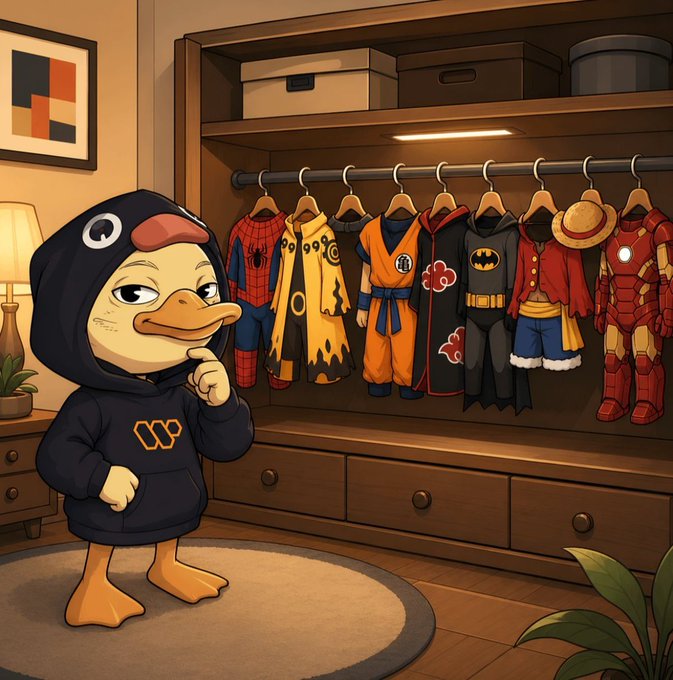 An illustration of a cartoon duck in a black hoodie standing thoughtfully in a walk-in closet filled with various superhero and anime costumes.