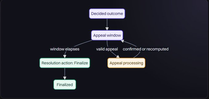 A flowchart diagram detailing a resolution process, starting with 'Decided outcome' leading to an 'Appeal window', which branches into 'Resolution action: Finalize' or 'Appeal processing'.