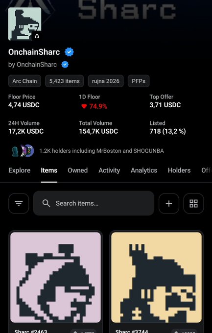The image shows the OnchainSharc NFT collection profile on a marketplace, displaying a steep 74.9% drop in 1D Floor price to 4.74 USDC despite 1.2K holders including MrBoston and SHOGUNBA. This visual evidence of a significant price decline directly supports the poster's concern about the collection's recent performance and validates their decision not to buy.