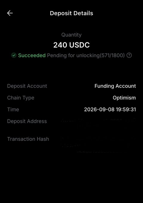 A mobile app Deposit Details screen showing a successful 240 USDC deposit via Optimism chain, pending for unlocking (571/1800), dated 2026-09-08.