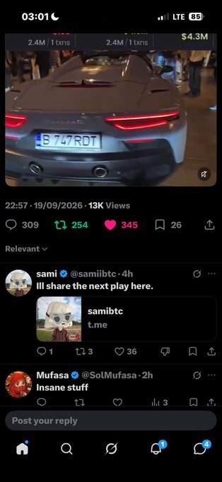 A Twitter/X screenshot shows a video of a Maserati sports car with the license plate 'B 747 RDT', with users 'sami' and 'Mufasa' commenting on the post.