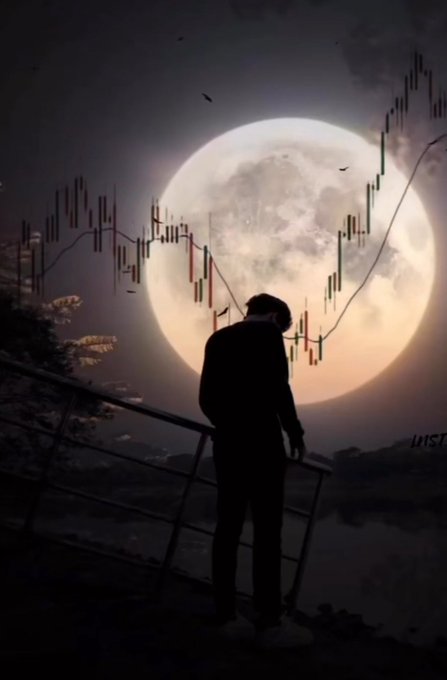 An atmospheric digital artwork showing a silhouetted figure leaning on a railing, gazing at a massive full moon overlaid with a candlestick stock chart and trend line.