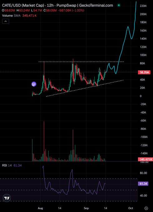 A 12-hour GeckoTerminal chart for CATE/USD (PumpSwap) shows the price consolidating in an ascending triangle pattern between ~$45M–$60M market cap since August, followed by a sharp breakout to a $220M market cap, with volume surging and RSI climbing to 61.34—visually reinforcing the post's claim that $CATE is the "waiting room" before a major cycle move.
