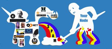 The image features a cartoon depiction of a man with a shovel, surrounded by various logos for different companies such as Bitcoin Core, Onet, Spam, and Minecraft. The man appears to be digging or cleaning up something, possibly related to Bitcoin Core or Minecraft. The text in the image reads "Your Node".