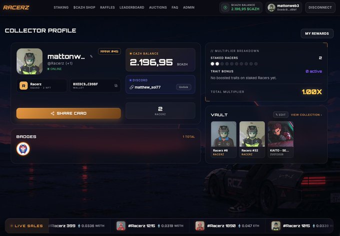 The image displays a Racerz "Collector Profile" page for user "mattnewb..." (Racerz #0, Rank #45), showing a CAZH balance of 2,196.95, a Discord linked as "matthew_sol77," and a Vault containing two Racerz (#0, #32) and a KAITO_SB 2025/2026 NFT. It visually highlights the new Collector Profile, Badge (1 total), and Vault features announced in the "Update Grip 2.5" post.