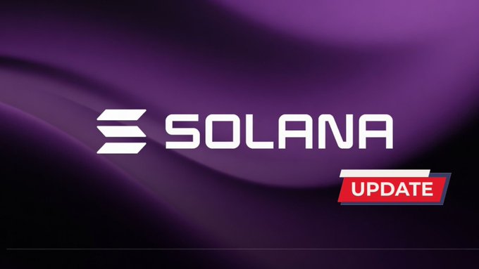 A promotional graphic featuring the Solana logo and the word 'SOLANA' in white text on a flowing purple background, with a red 'UPDATE' banner in the lower right corner.