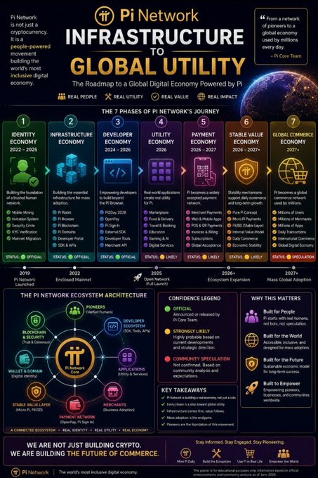 An infographic titled 'Pi Network: INFRASTRUCTURE TO GLOBAL UTILITY' outlining a seven-phase roadmap for Pi Network's journey from identity economy to global commerce.