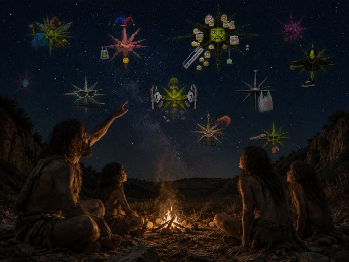 A nighttime scene shows several primitive humans sitting around a campfire beneath a starry sky, gazing up at floating, star-shaped constellations of various meme images including the Doomer, Wojak, Gigachad, and Pepe characters.