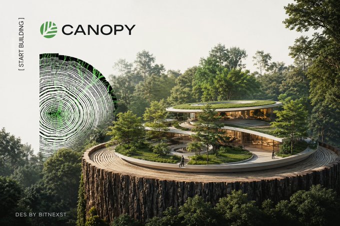 The image features a large tree stump with a building sitting atop of it, surrounded by trees and greenery. The text "CNPY" can be seen in the image as well. The caption reads, "I pay more attention to what makes future launches possible. That'S why @CNPYNetwork stands out to me." This post is about promoting sustainable practices and aligning incentives for a better future.