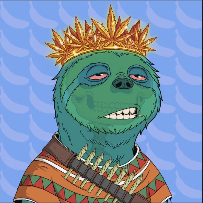 A cartoon illustration of a green sloth-like character wearing a golden crown and a colorful patterned garment, set against a blue wavy background.