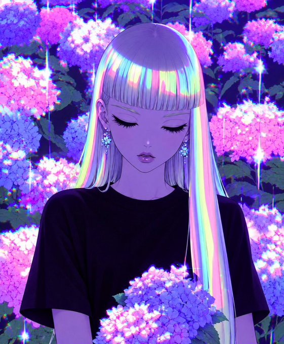 A digital anime-style illustration of a girl with long, iridescent rainbow hair and closed eyes, wearing a black shirt and snowflake earrings, surrounded by glowing purple and pink hydrangea flowers.