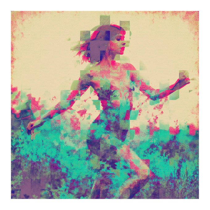 Abstract digital artwork of a figure rendered with glitch-like pixelation in pink, teal, and purple tones.