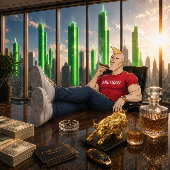 A cartoon man with a blonde pompadour smokes a cigar in a penthouse overlooking a cityscape with glowing green skyscrapers; his red shirt reads "SALTSZN," and his desk displays stacks of cash, a golden bull statue, a decanter, and a book titled "ALTSZNCAPITAL."