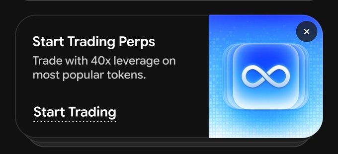 A promotional banner reading "Start Trading Perps — Trade with 40x leverage on most popular tokens" with a "Start Trading" link, displayed alongside Base's infinity logo, reflecting the post's announcement that Base App has integrated perpetual futures trading powered by Hyperliquid.