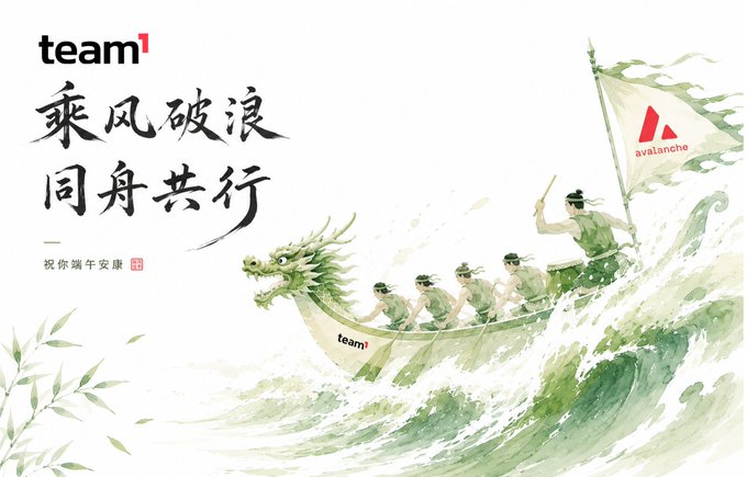 The image features a white banner with Chinese characters that says "Team1" at the top, followed by an illustration of a dragon boat sailing through rough waters. The text also includes some English words such as "avalanche", "Team2", and "Team3". The overall theme suggests that Team1 is a team or group involved in a water-based activity, possibly related to Chinese culture or language.