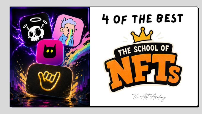 A graphic titled '4 OF THE BEST THE SCHOOL OF NFTS The Art Academy' features colorful NFT icons including a skull, cat, and pointing finger on the left side.