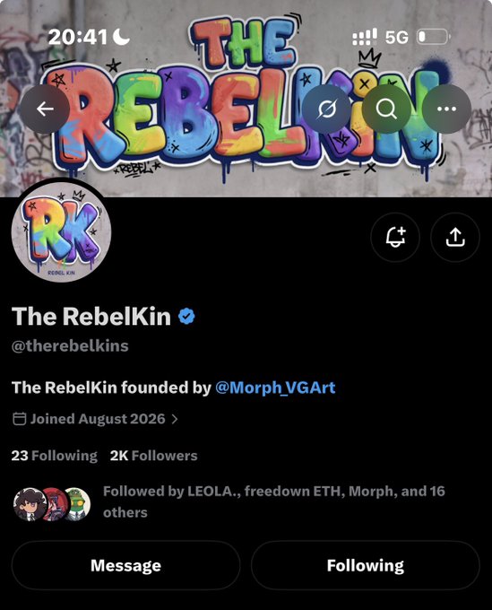 A Twitter/X profile page for 'The RebelKin' (@therebelkins), a verified account founded by @Morph_VGArt with the bio 'The RebelKin founded by @Morph_VGArt', joined August 2026, with 23 Following and 2K Followers.