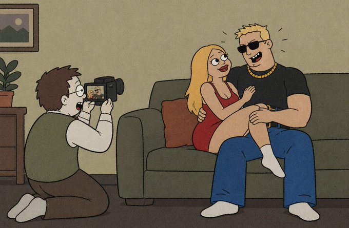 A cartoon shows a nerdy photographer on his knees excitedly photographing a buff, sunglasses-wearing man in a gold chain sitting on a couch with a blonde woman in a red dress. The exaggerated image humorously depicts the "dev holds" hype around $cookold, with the photographer capturing the influencer-style couple like a viral crypto moment, while the post promotes the new token launch on the $NVDA pair.