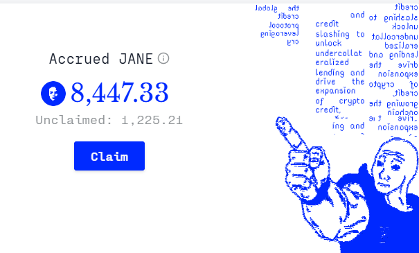 A screenshot showing accrued JANE tokens worth 8,447.33 (with 1,225.21 unclaimed) and a "Claim" button, accompanied by a blue "Pointing Wojak" meme illustration, illustrating the user's accumulation of 8,447 JANE tokens through yield farming.