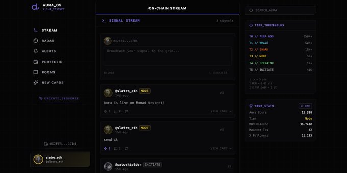 The image shows a desktop computer screen displaying information about a social networking platform called "@monad_xyz Stream". The view of the stream suggests that it might be a terminal or live activity grid where users can interact with others and access various features like identity, signals, alerts, gated rooms, wallet-aware sessions, and more. The overall layout is focused on providing an enhanced user experience centered around communication within the platform's community.