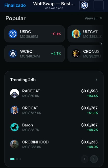 WolfSwap DEX interface displaying popular tokens like USDC, WCRO, ULTCAT, CRONUS, and trending 24h tokens including RACECAT (+93.4%) and CROCAT (+51.1%).