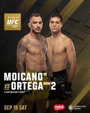 This promotional poster for UFC 331 at Crypto.com Arena on September 19 features the lightweight bout between Renato "Moicano" and Brian Ortega, with the fighters shown shirtless against a dark background. The image displays event details including "MOICANO VS ORTEGA 2," "SEP 19 SAT," and sponsorship logos for Crypto.com and Total, aligning with the accompanying post about the entertainment value at Crypto.com Arena.