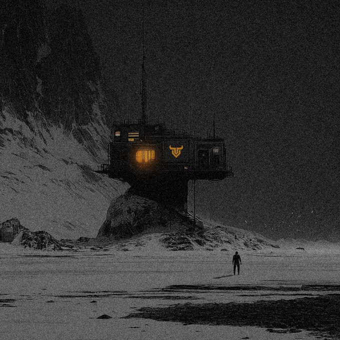 Dark, grainy digital illustration of a solitary figure walking across a snowy expanse toward a black building with glowing orange lights mounted on a rocky cliff.