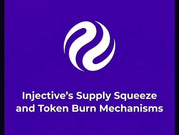 The image features a purple background with white text that reads "Injective's Supply Squeeze and Taken Burn Mechanisms" at the bottom, followed by an explanation of the concept. The text emphasizes that INJ is intentionally reducing its token supply over time in order to make it more scarce and valuable. This strategy can be seen as a form of inflation or deflation of the token supply, which is often used in the cryptocurrency world to manage the value of tokens and maintain their scarcity.