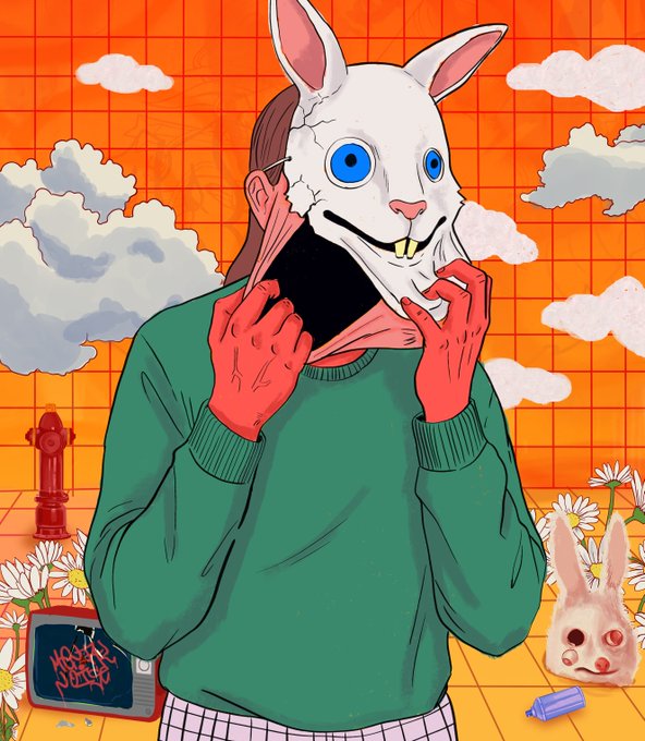 An illustrated artwork depicts a person in a green sweater pulling a cracked white rabbit mask off their face, revealing a dark void, set against an orange grid sky with a decayed rabbit head and flowers in the foreground.