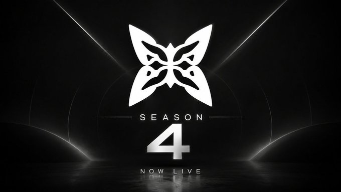 Black promotional image featuring a white butterfly logo with the text 'SEASON 4 NOW LIVE' beneath it, illuminated by spotlight beams.