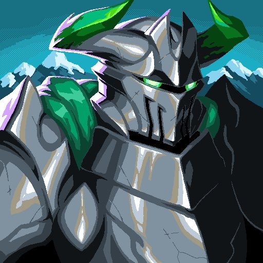 Digital artwork of an armored knight with a horned helmet and glowing green eyes, featuring green crystal-like accents on the shoulders against a mountain backdrop.