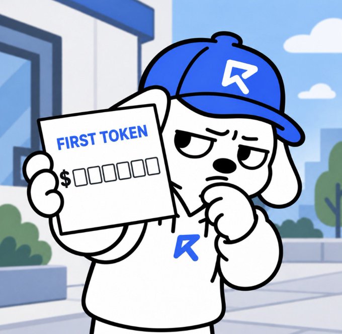 A cartoon dog character wearing a blue cap with an 'R' logo, holding up a sign reading 'FIRST TOKEN' with dollar amount placeholders, looking unimpressed.