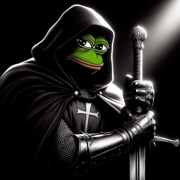 A digitally illustrated Pepe the Frog character depicted as a knight or crusader in a black hooded cloak and armor, holding a sword against a dark background.