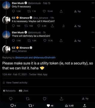 The image shows a Twitter exchange between Elon Musk and CZ Binance from February 2021, where they joke about whether Binance should "call it MarsCoin" after Musk suggests the name, with CZ humorously replying to ensure it's classified as a utility token rather than a security so they can list it. The screenshot relates to the post by showcasing the origins of the "Mars" naming inspiration from these public tweets between Musk and the Binance CEO.